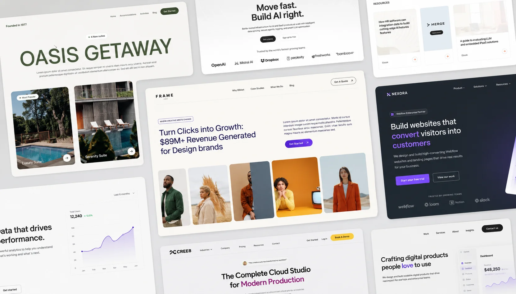 Collage of website homepage designs showcasing AI, cloud studio, digital products, growth metrics, and hotel suites.