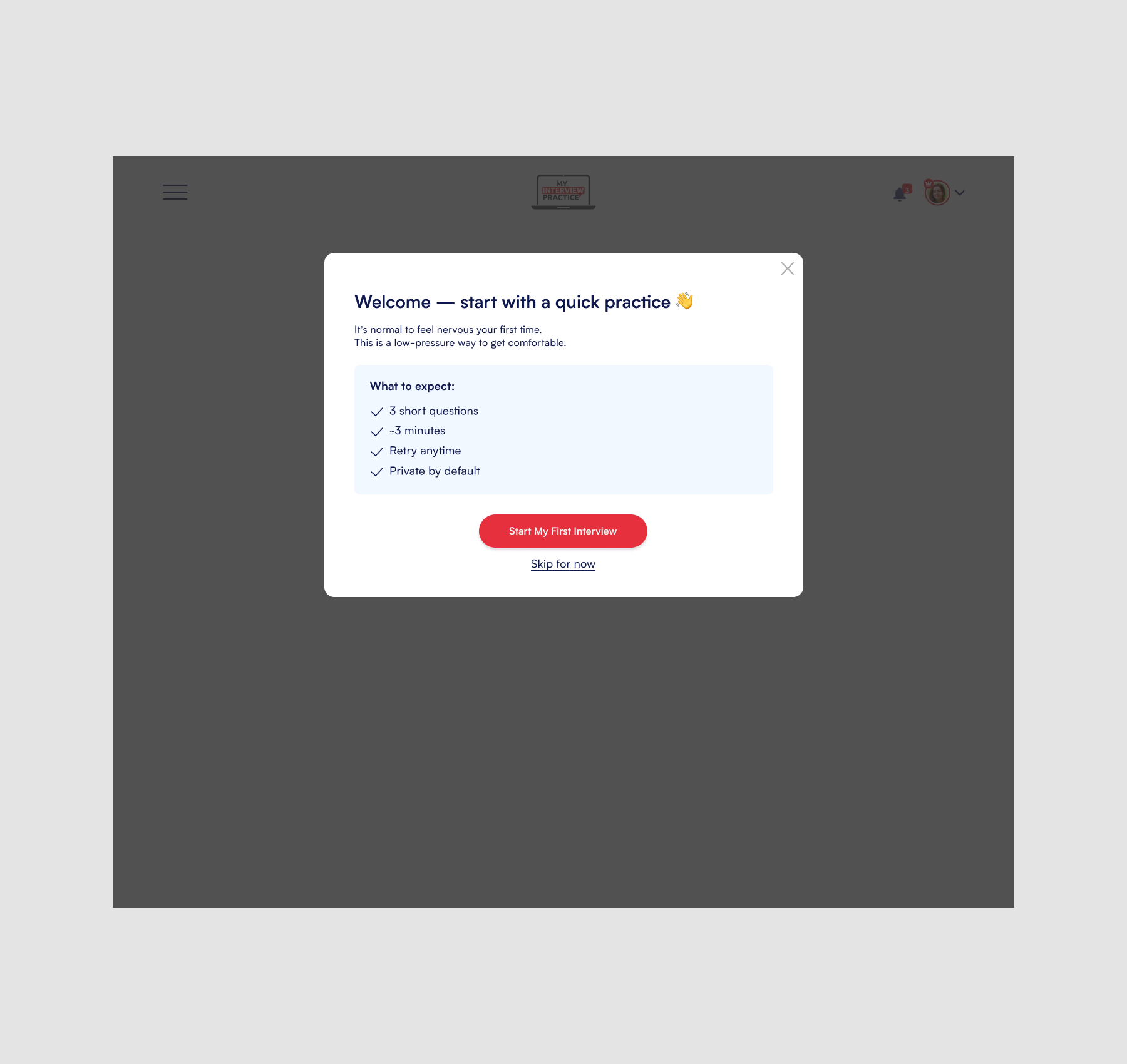 Pop-up on website offering a free mock interview with a Start Free Interview button.
