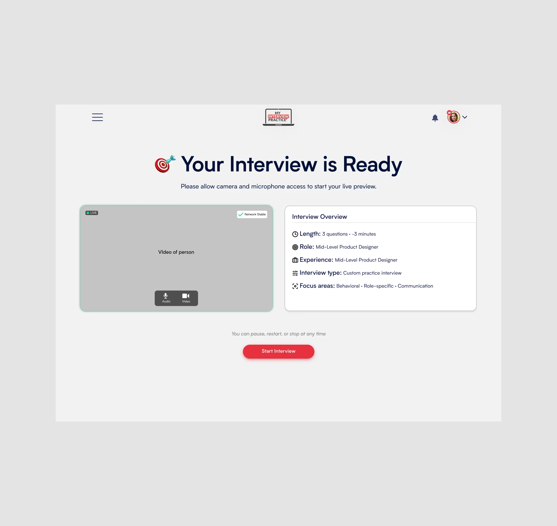 Online interview screen showing setup for mid-level product designer with video preview and start button.