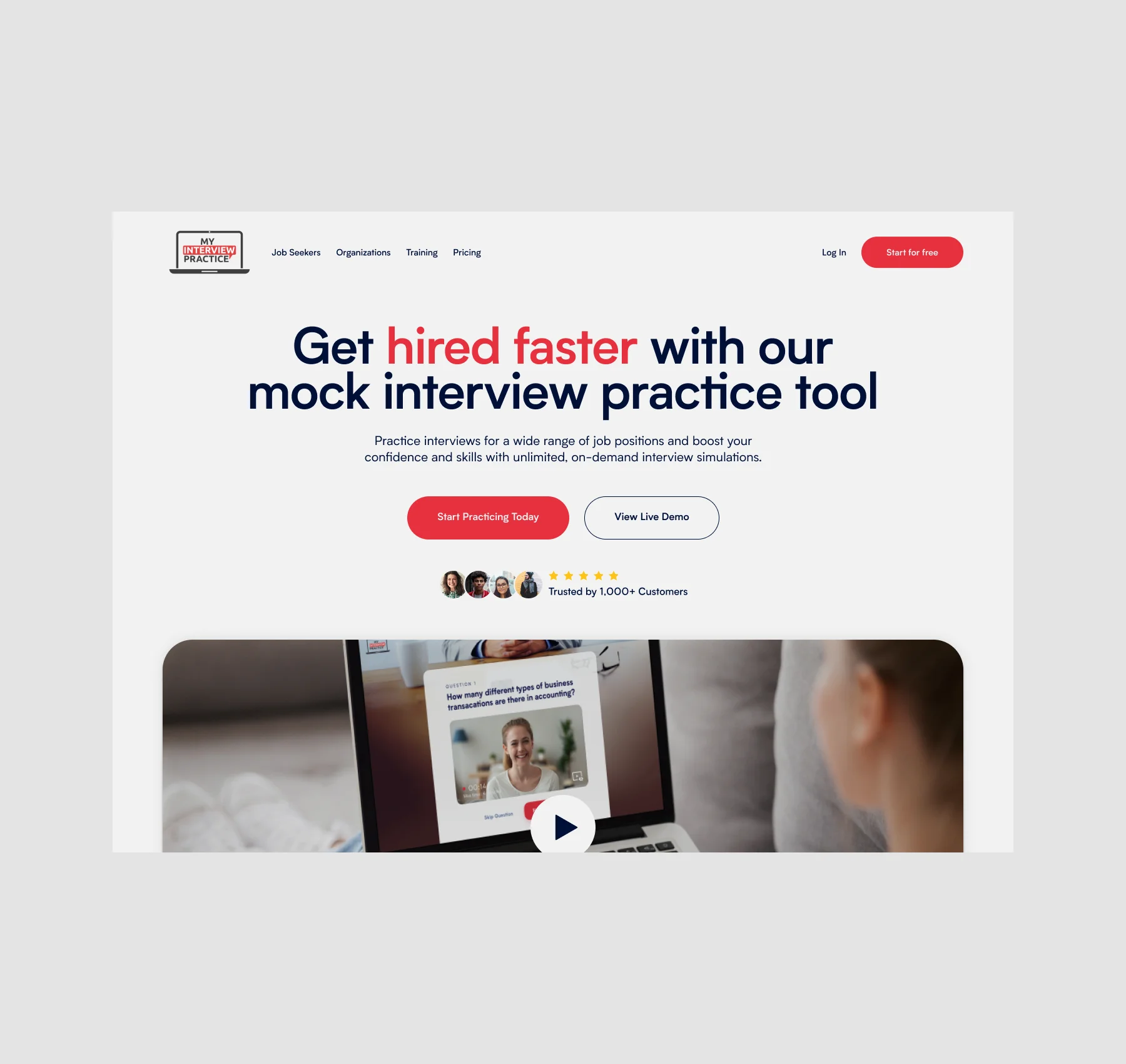 Website homepage for a mock interview tool to help users get hired faster with practice and demos.