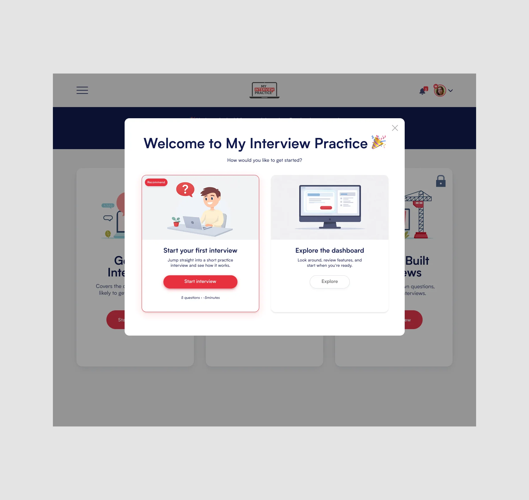 Webpage shows a mock interview platform with a 'Start Interview' button and a recommended tag.