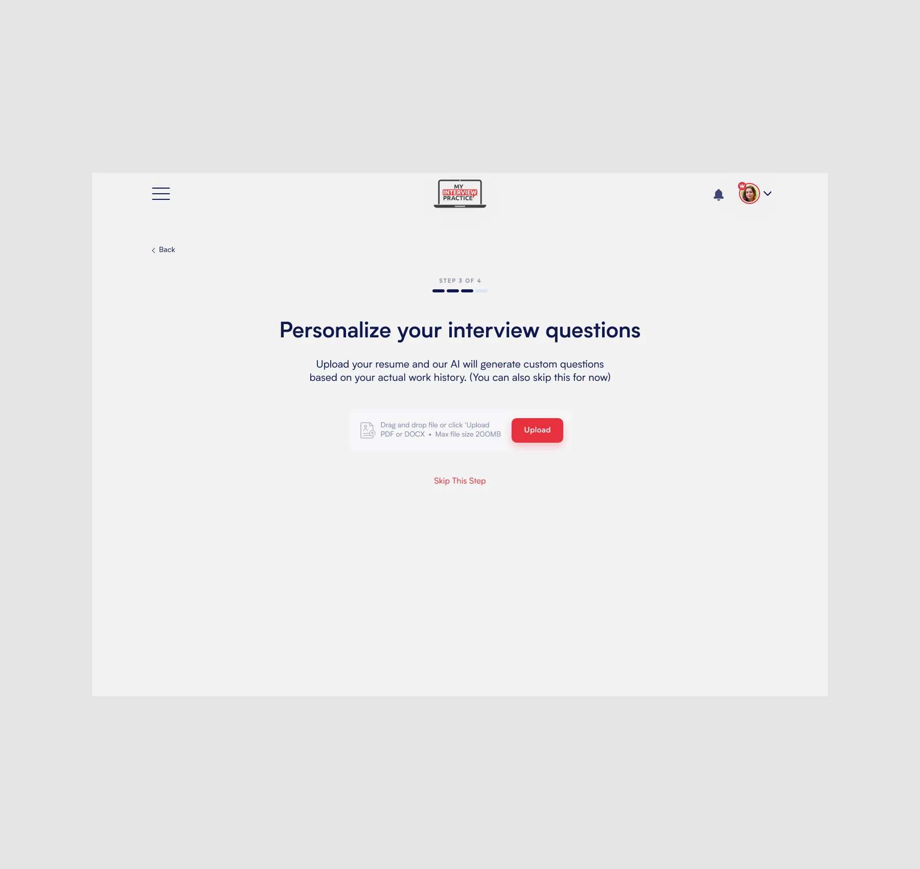 Website page to upload a resume for AI to personalize interview questions or skip this step.