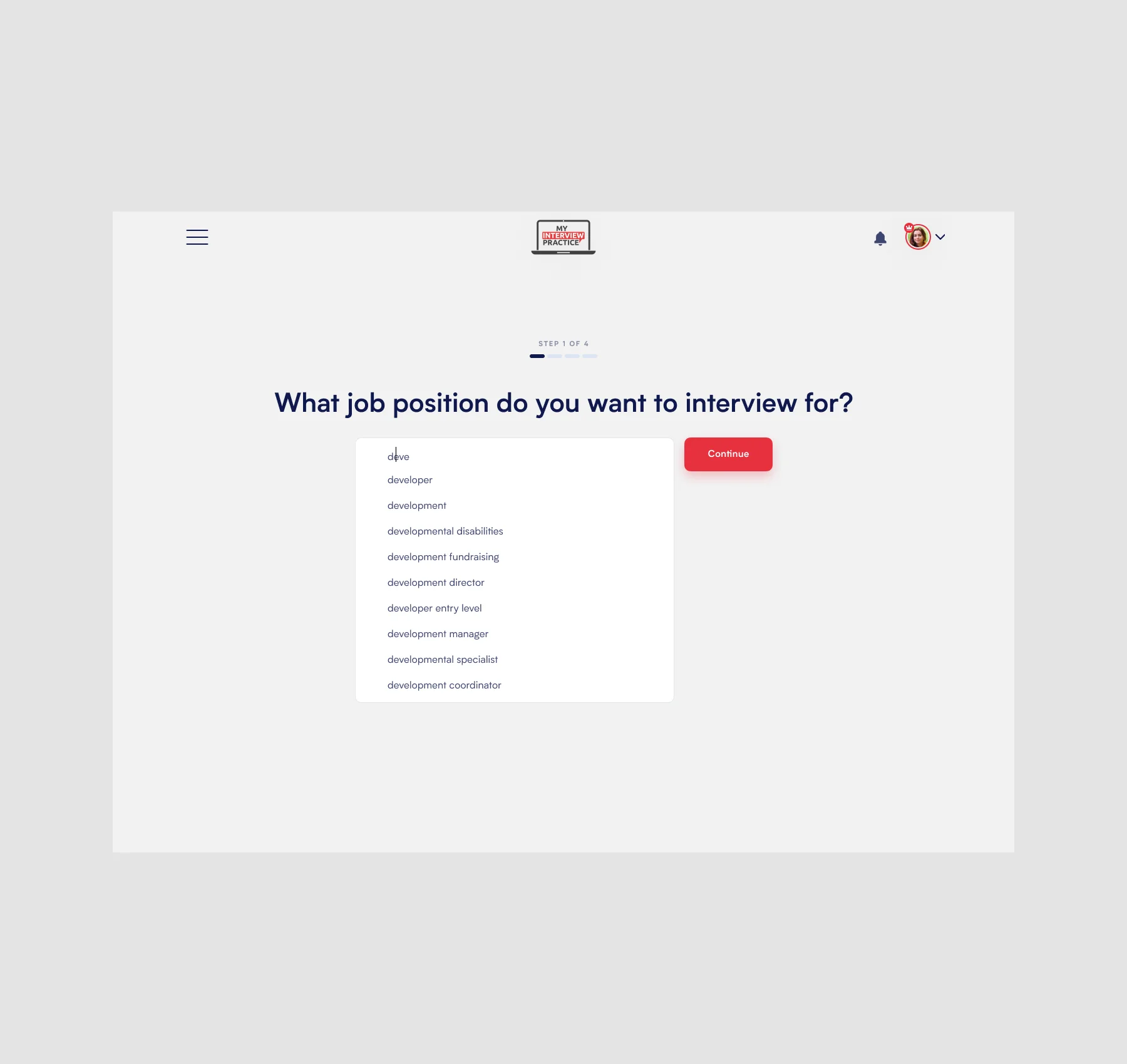Job interview platform screen asking what job position you want to interview for with suggestions.