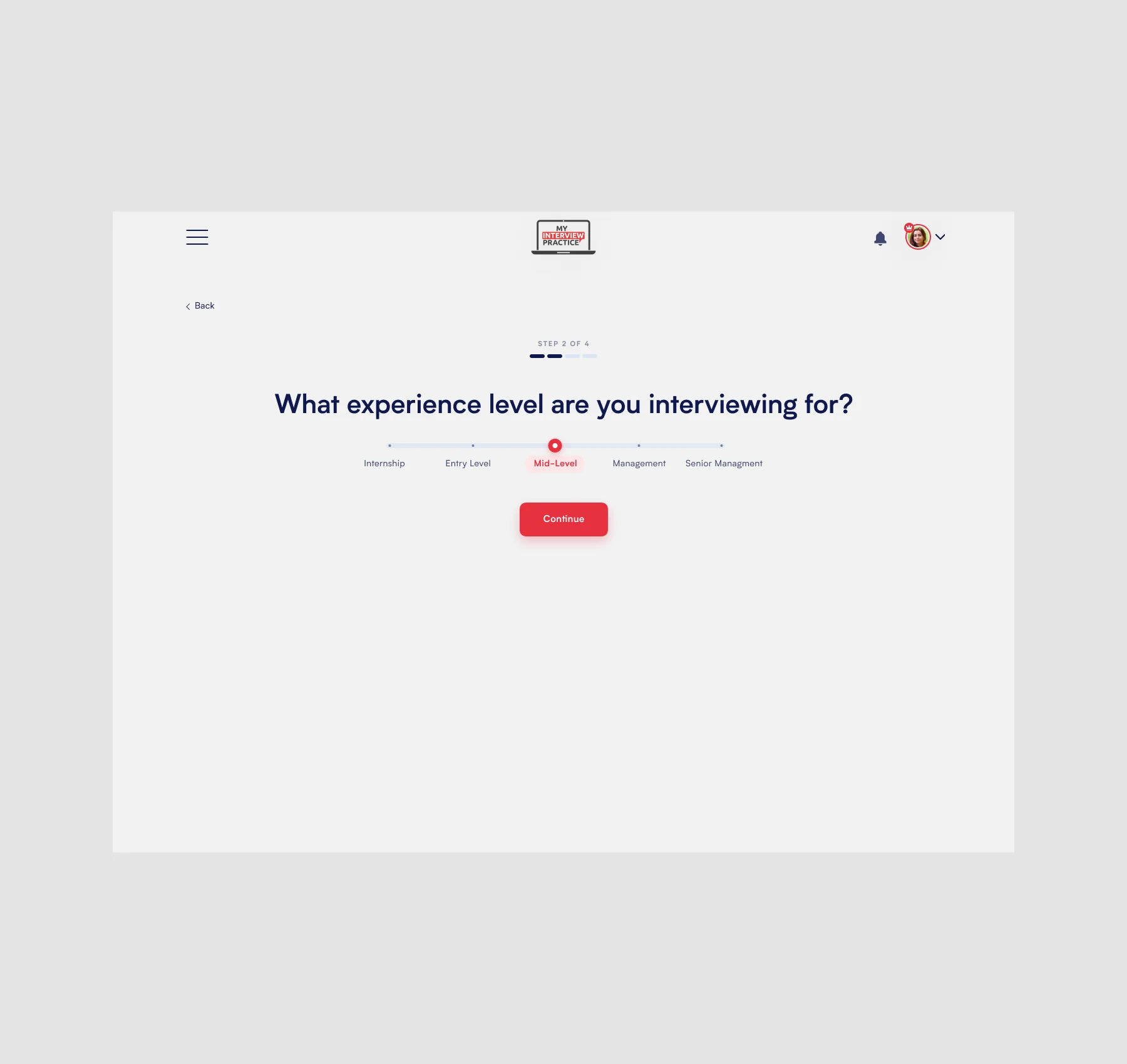 Website screen asking experience level for interviewing with Mid-Level selected and a red Continue button.