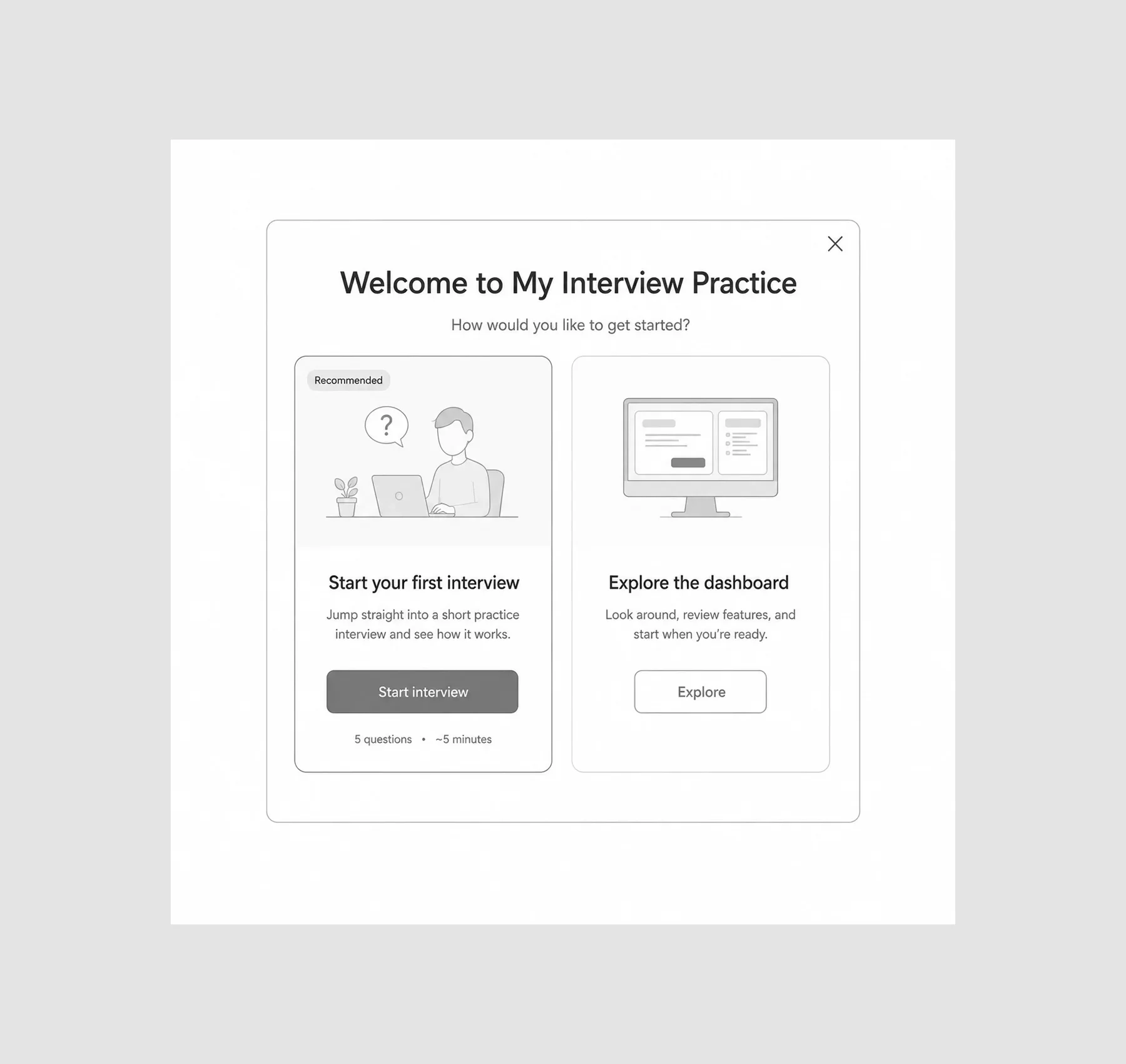 Welcome popup for quick interview practice with 3 short questions and a start button.