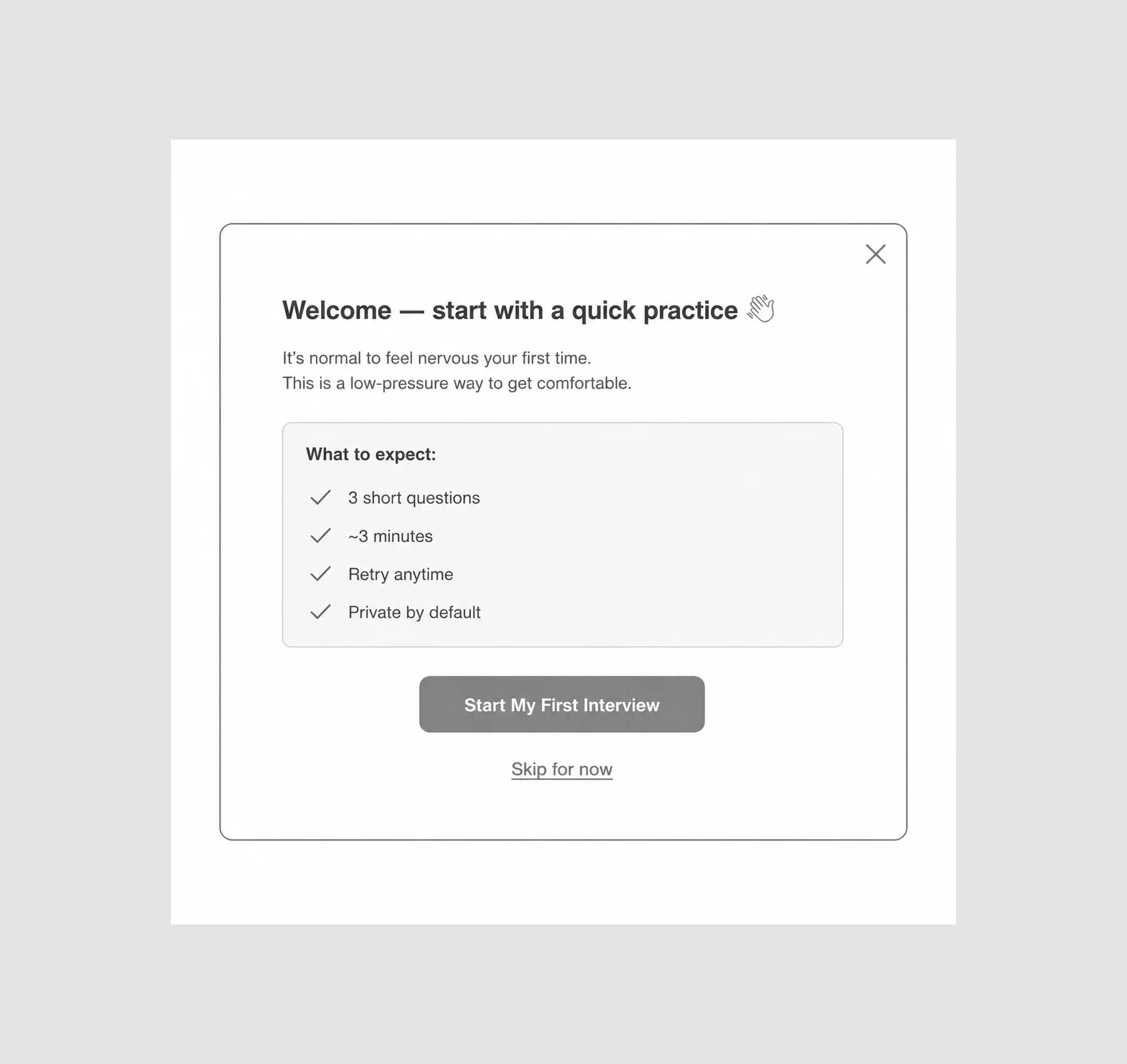 Welcome screen to My Interview Practice with options to start practice or explore the dashboard.