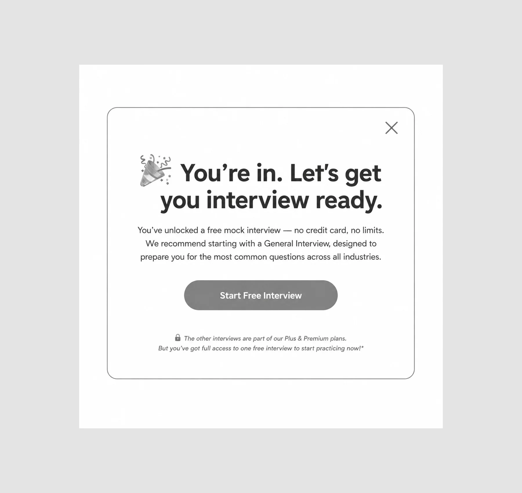 User dashboard onboarding interface with steps to set goals, choose role, and start interview.