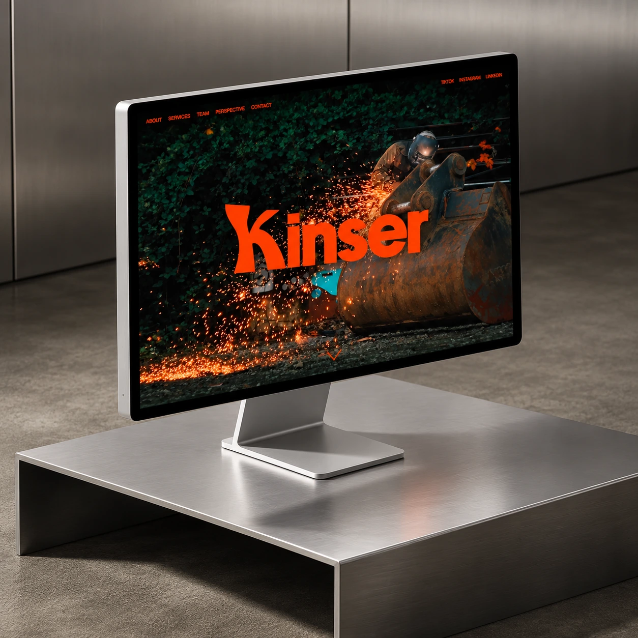 Open laptop on a round platform displaying a website with large orange Kinser text and ocean image.