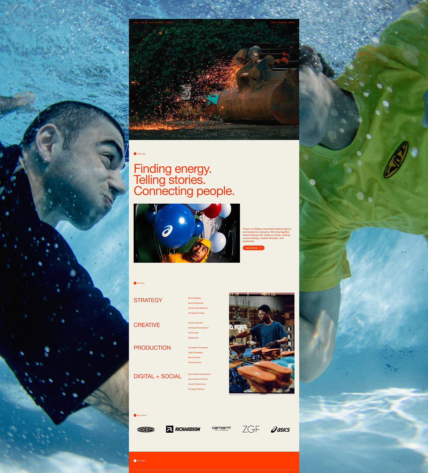 Website screenshot showcasing Kinser, a creative agency website, with a header image of sparks flying from a welder working on machinery. The page highlights the tagline 'Finding energy. Telling stories. Connecting people.' There are pictures of people involved in creative work and images of balloons and shoe production. Below is a list of services: Strategy, Creative, Production, Digital + Social, each with detailed offerings, plus logos of clients including KEEN, Richardson, Carhartt, ZGF, and ASICS. The design uses orange text on a beige background.