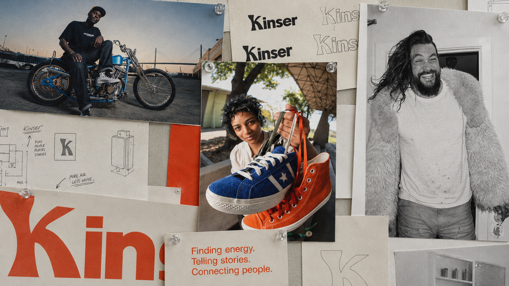 A collage of pinned photos and sketches on a board featuring a man sitting on a blue motorcycle, a person holding up a pair of sneakers—one blue, one orange—a black and white photo of a smiling man wearing a fur coat and white shirt, and sketches with the word 'Kinser' and phrases like 'Finding energy. Telling stories. Connecting people.'