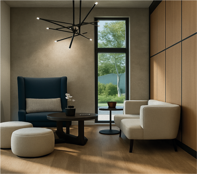 Modern tárgyaló- vagy lounge-sarok fotellel, kanapéval és puffokkal, nagy ablakkal és fekete design csillárral.