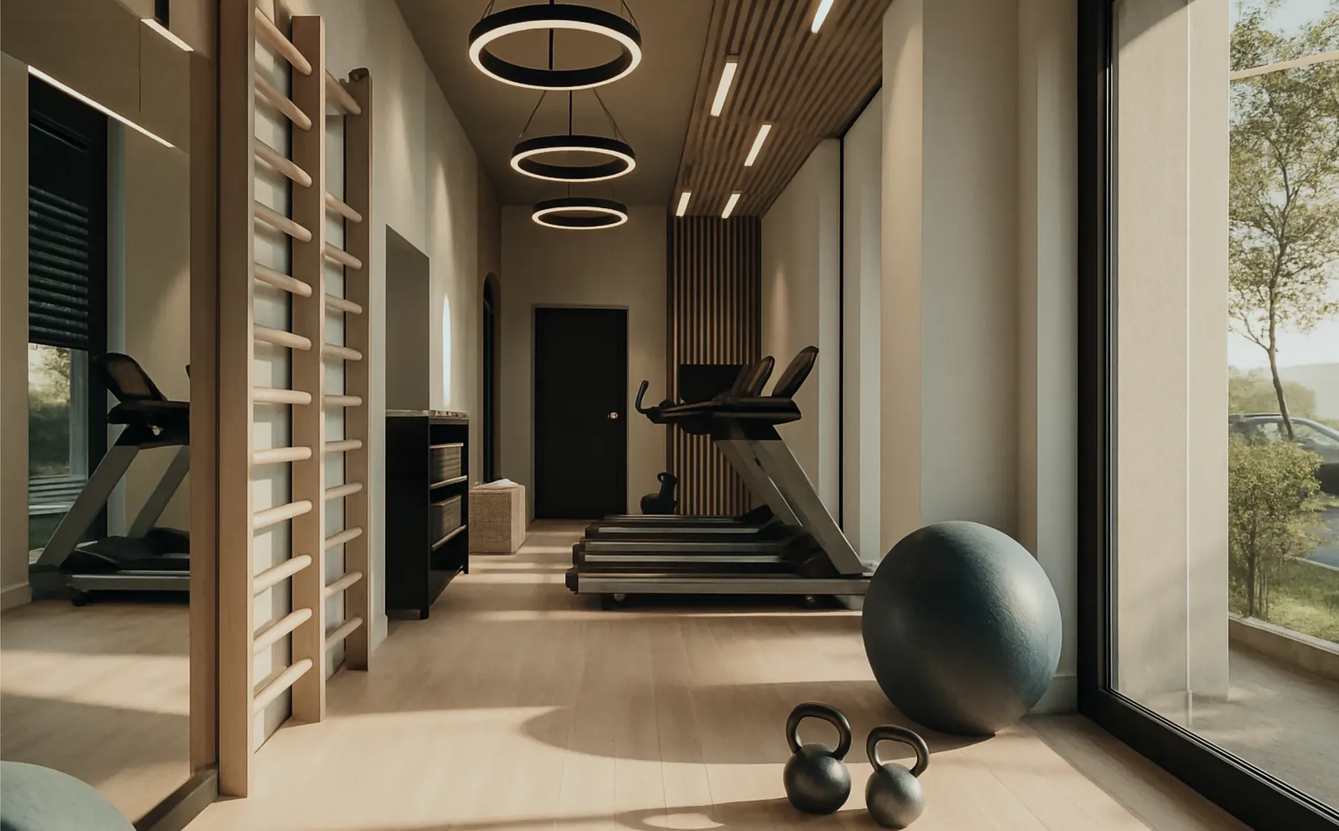 Világos, modern konditerem nagy ablakokkal, futópadokkal, bordásfallal, súlyokkal és design körlámpákkal.