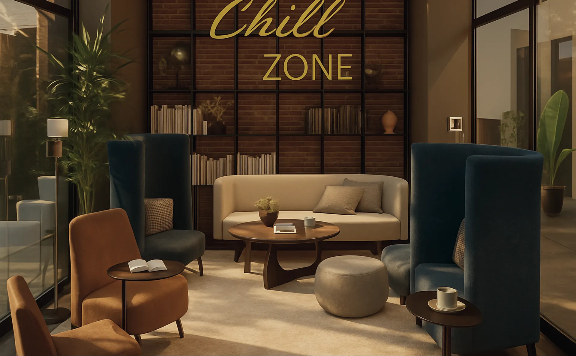 Chill Zone feliratú, barátságos pihenőtér kényelmes fotelekkel, kanapéval, könyvespolccal és alacsony dohányzóasztalokkal.