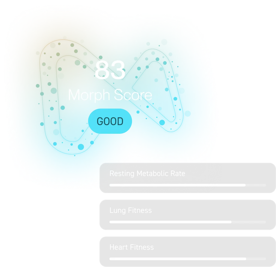 Health dashboard showing Morph Score of 83 labeled as Good, with progress bars for Resting Metabolic Rate, Lung Fitness, and Heart Fitness.