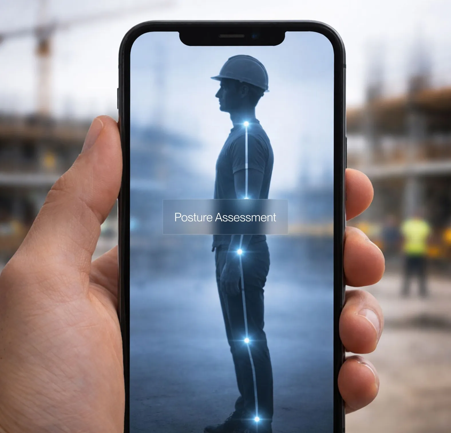 Smartphone screen showing posture assessment with a construction worker silhouette and alignment points along the body.