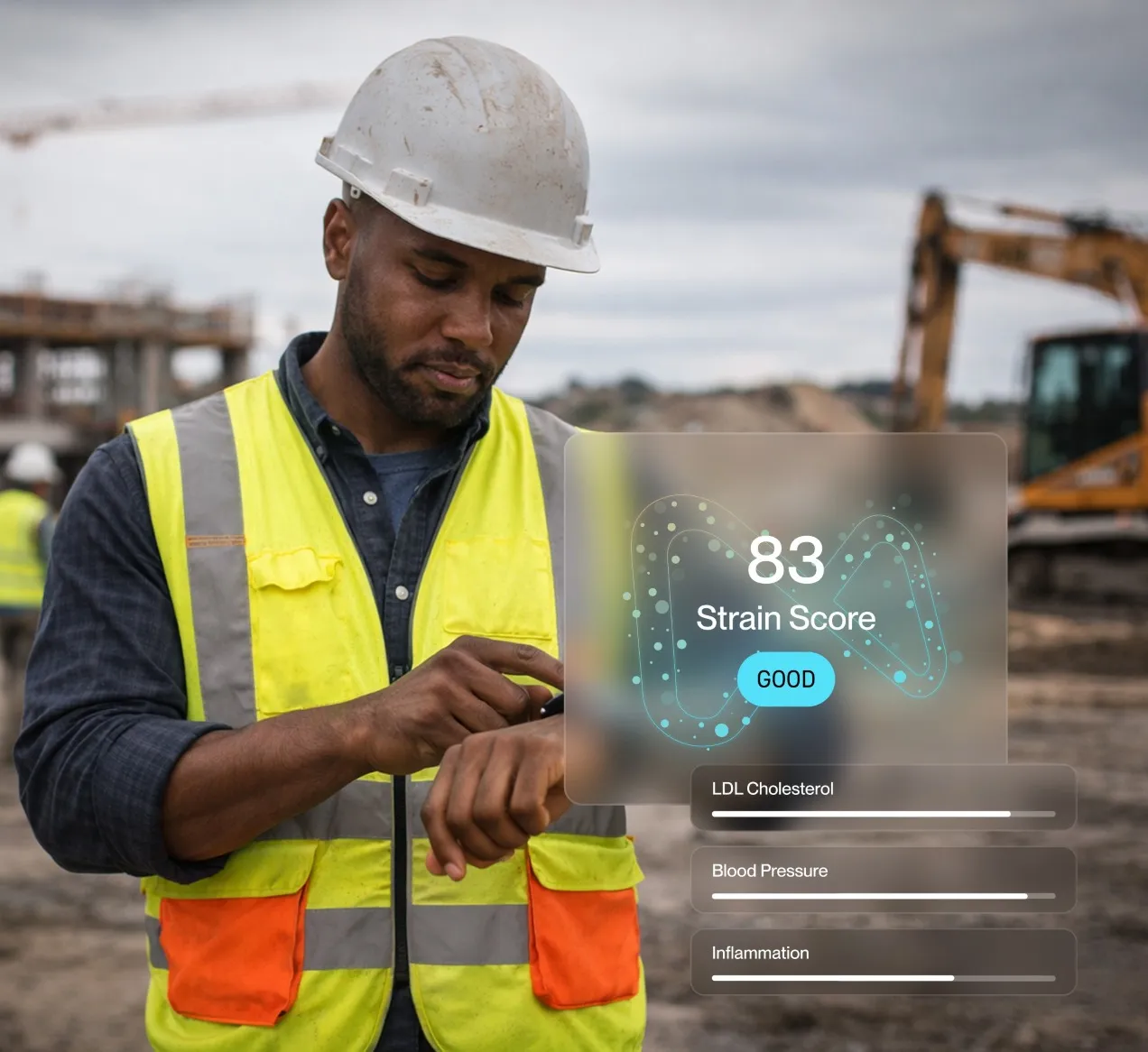 Construction worker in a white hard hat and high-visibility vest checking his smartwatch with an overlay displaying a strain score of 83 labeled as good, along with health metrics for LDL cholesterol, blood pressure, and inflammation.