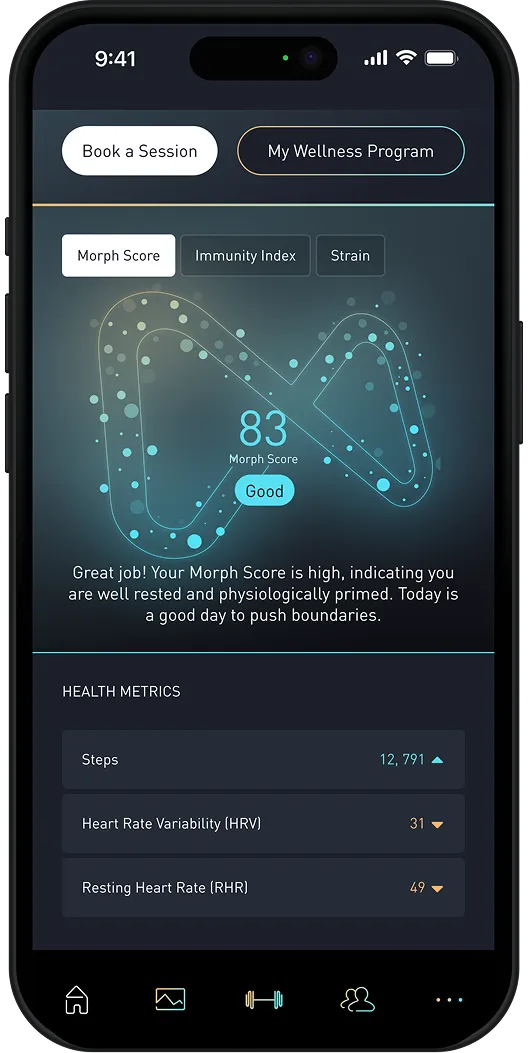 Mobile wellness app screen showing Morph Score of 83 labeled Good, with health metrics including 12,791 steps, 31 heart rate variability, and 49 resting heart rate.
