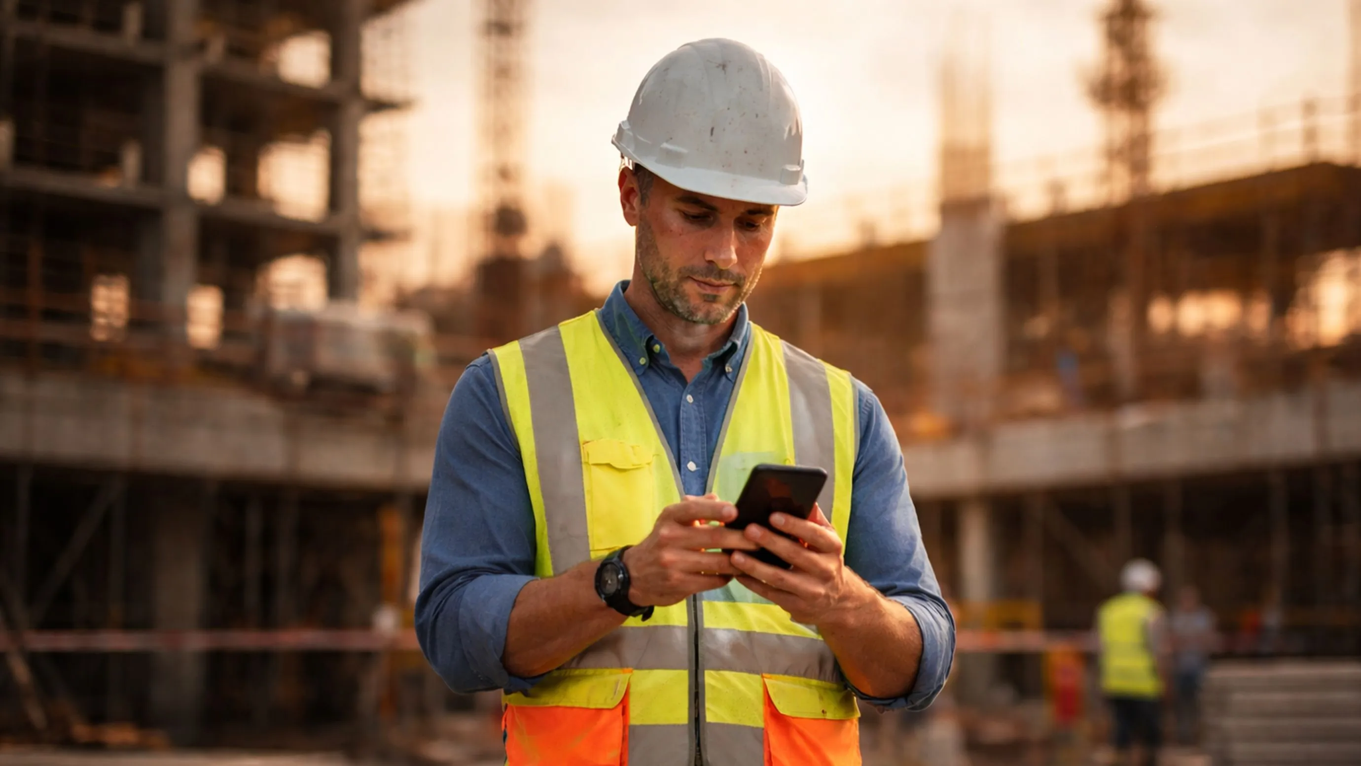 Construction worker wearing a white hard hat and reflective vest using a smartphone at a construction site.