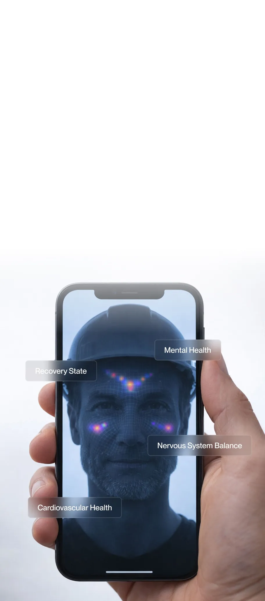 Hand holding a smartphone displaying a man's face with highlighted facial points and labels for Mental Health, Recovery State, Nervous System Balance, and Cardiovascular Health.