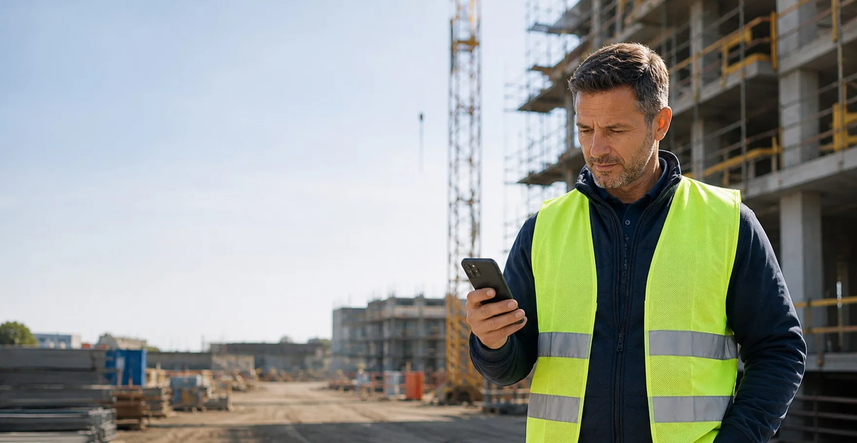 Bearded construction worker in a yellow hard hat and safety vest looking at a smartphone inside a building.