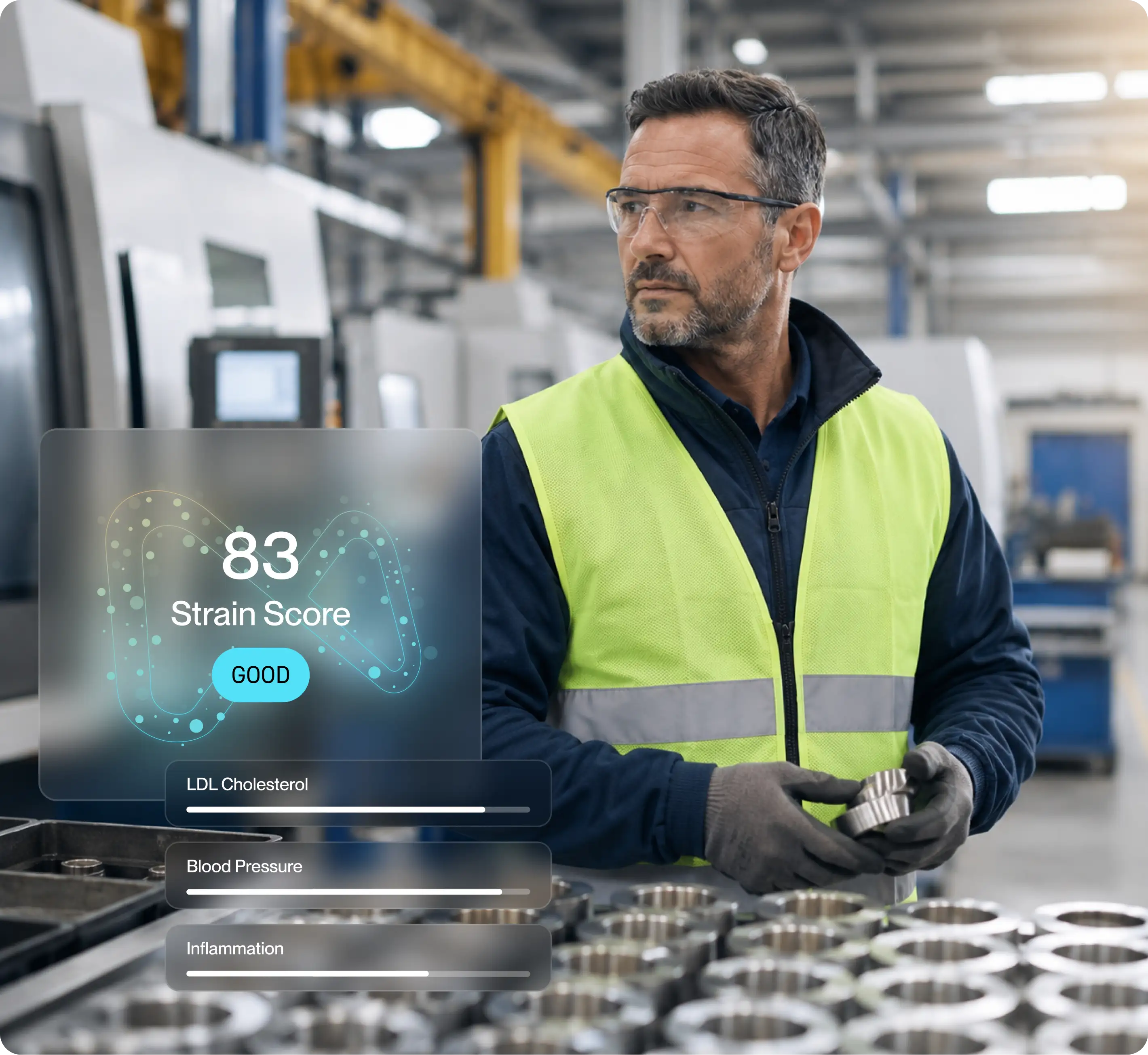 Construction worker in a white hard hat and high-visibility vest checking his smartwatch with an overlay displaying a strain score of 83 labeled as good, along with health metrics for LDL cholesterol, blood pressure, and inflammation.