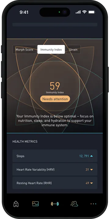 Smartphone screen showing biological age app with metabolic risk low and fitness metrics percent values.