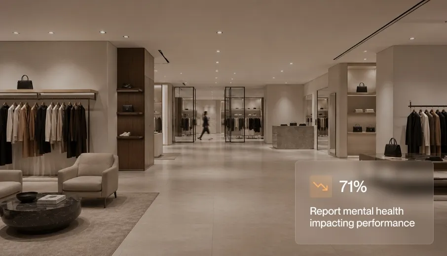Modern clothing store interior with a statistic: 71% report mental health impacting performance.