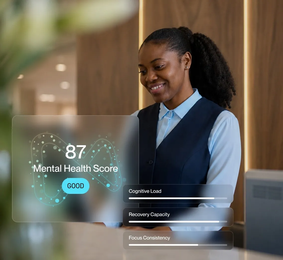 Smiling woman with mental health score 87 labeled good and progress bars for cognitive load and recovery capacity.