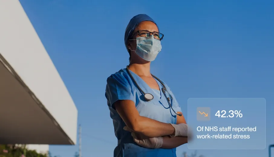 Female healthcare worker in scrubs and mask with statistic about 42.3% NHS staff reporting work stress.
