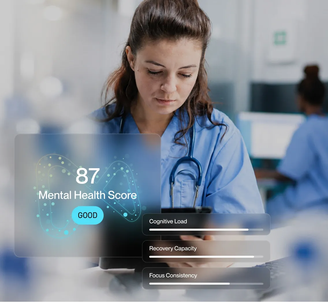 Healthcare worker in blue scrubs checking tablet with a mental health score of 87 labeled good.