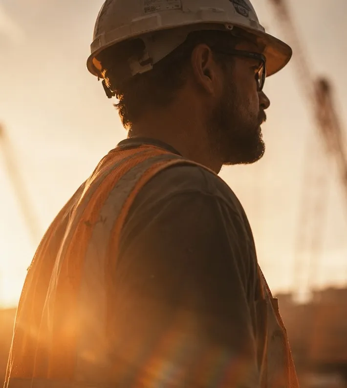 Construction worker wearing a safety helmet and vest, standing outdoors at sunset.
