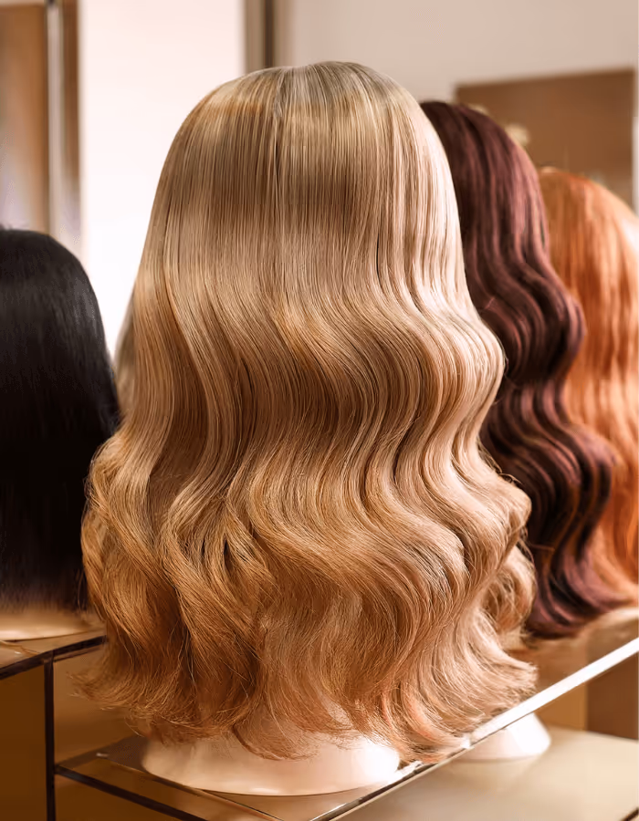 Display of mannequin heads with styled wigs. The foreground wig features smooth, shiny, wavy hair with a gradient from blonde to peach tones, with additional wigs in darker shades in the background