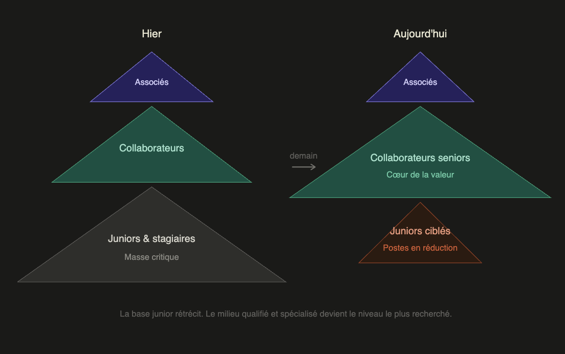 Pyramide des postes en cabinet d'avocat entre hier et aujourd'hui