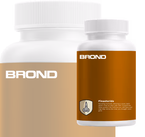 Two brown and white bottles of Brond Finasteride hair treatment supplement with white caps.