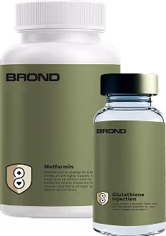 Two Brond branded medical bottles, one labeled Matformin and the other Glutathione Injection.