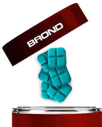 Red rectangular box labeled 'BRAND' with teal gummy vitamins shaped like squares stacked below it.