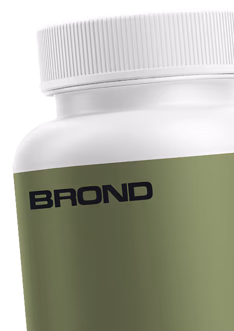 Close-up of a white plastic bottle with a white ribbed cap and a green label displaying the brand name BROND in black text.