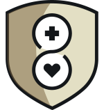 Shield icon divided in two shades with stacked circles containing a medical cross and a heart symbol.