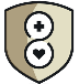 Shield emblem with a plus sign above a heart inside two white circles on a beige background.