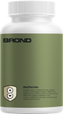 Brond supplement bottle with a green label showing three hexagonal icons and product information.