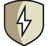Shield icon split in two shades with a white lightning bolt in the center.
