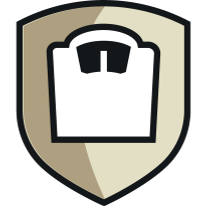 Shield emblem featuring a black and white bathroom scale icon.