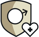 Shield icon with male gender symbol and a heart featuring a medical cross.