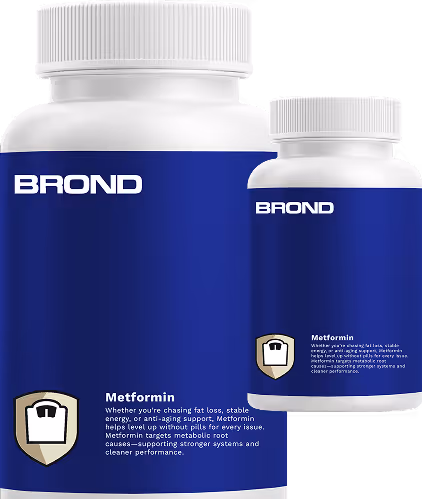Two white bottles with blue labels labeled 'BROND' containing Metformin dietary supplement for metabolic support and energy.