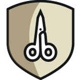 Icon of black scissors with rounded handles on a beige and light brown shield background.