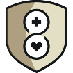 Shield icon with a plus symbol in the top circle and a heart symbol in the bottom circle representing health and longevity.
