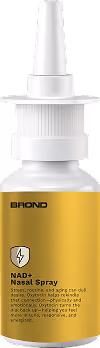 White nasal spray bottle with a yellow label featuring the text 'NAD+ Nasal Spray' and a lightning bolt icon.