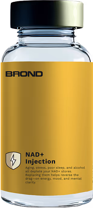Glass vial with a yellow label reading 'BROND NAD+ Injection' describing benefits for aging, stress, poor sleep, and alcohol effects.