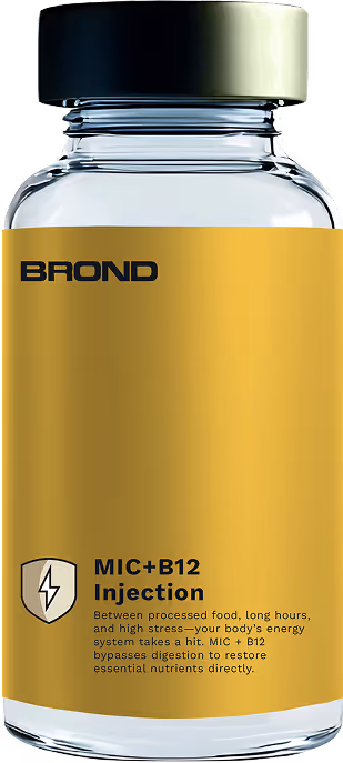 Clear glass bottle with black cap labeled BROND MIC+B12 Injection, highlighting energy restoration benefits.