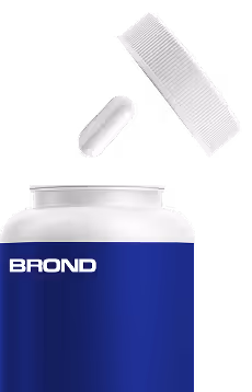 White capsule pill floating above an open white and blue supplement bottle labeled BROND.